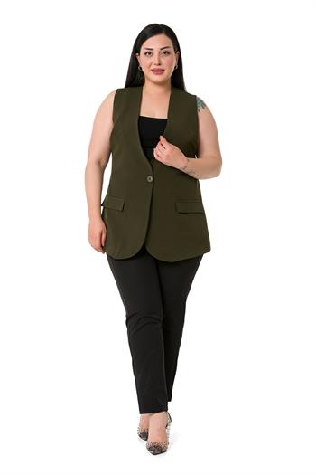 Plus Size Single Buttoned Coral Lined Vest with Ornamental Pocket Cover