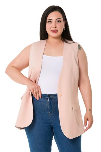 Plus Size Single Buttoned Light Pink Lined Vest with Ornamental Pocket Cover