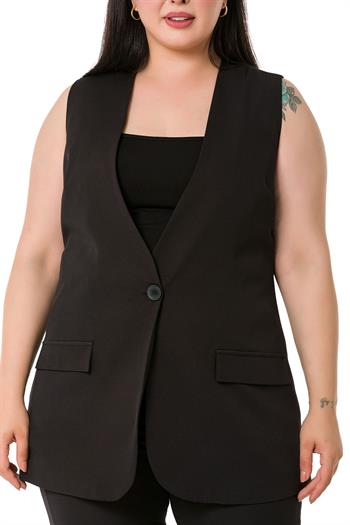 Plus Size Single Buttoned Black Lined Vest with Ornamental Pocket Cover