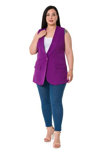 Plus Size Single Buttoned Purple Lined Vest with Ornamental Pocket Cover