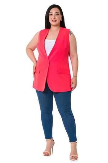 Plus Size Single Buttoned Coral Lined Vest with Ornamental Pocket Cover