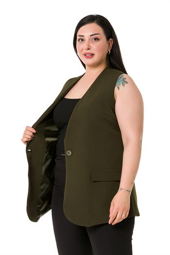Plus Size Single Buttoned Coral Lined Vest with Ornamental Pocket Cover