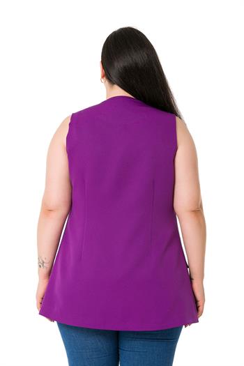 Plus Size Single Buttoned Purple Lined Vest with Ornamental Pocket Cover