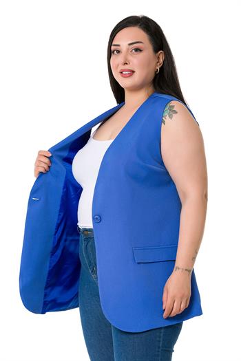 Plus Size Single Buttoned İndigo Lined Vest with Ornamental Pocket Cover