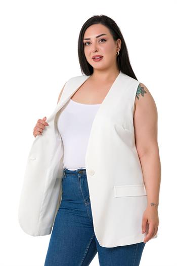 Plus Size Single Buttoned White Lined Vest with Ornamental Pocket Cover