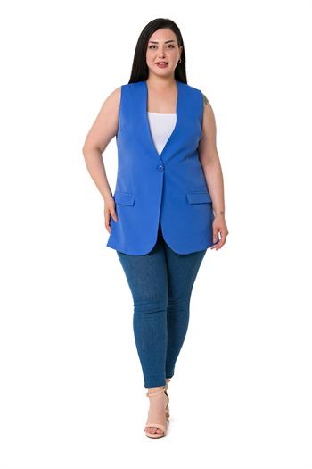 Plus Size Single Buttoned İndigo Lined Vest with Ornamental Pocket Cover