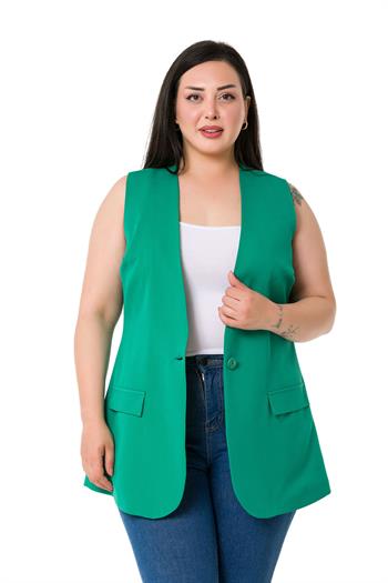 Plus Size Single Buttoned Green Lined Vest with Ornamental Pocket Cover