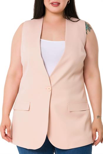 Plus Size Single Buttoned Light Pink Lined Vest with Ornamental Pocket Cover