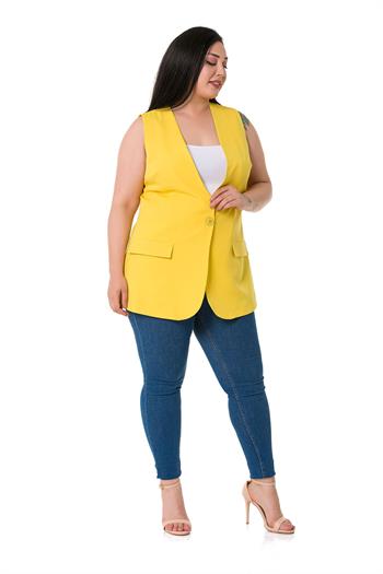 Plus Size Single Buttoned Yellow Lined Vest with Ornamental Pocket Cover