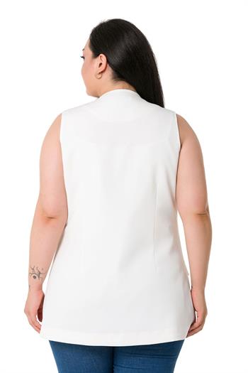 Plus Size Single Buttoned White Lined Vest with Ornamental Pocket Cover