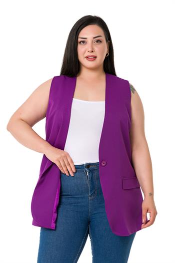 Plus Size Single Buttoned Purple Lined Vest with Ornamental Pocket Cover