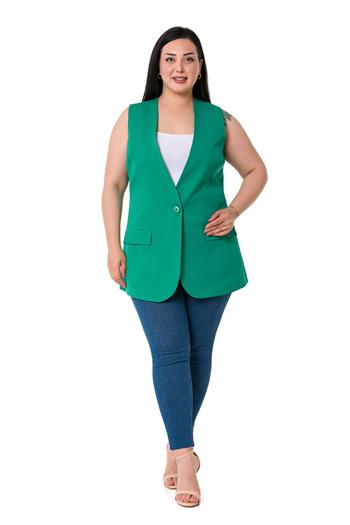 Plus Size Single Buttoned Green Lined Vest with Ornamental Pocket Cover