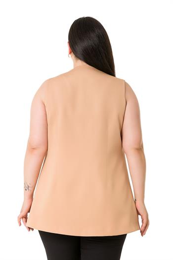 Plus Size Single Buttoned Camel Lined Vest with Ornamental Pocket Cover