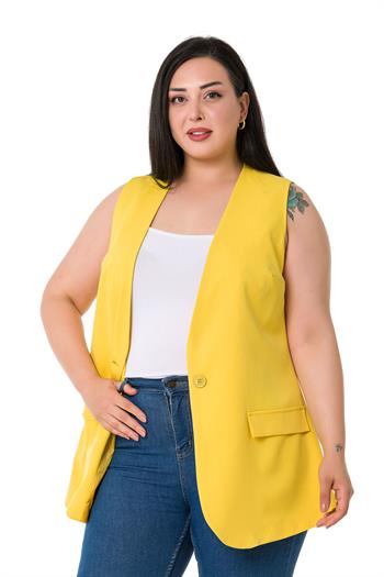 Plus Size Single Buttoned Yellow Lined Vest with Ornamental Pocket Cover