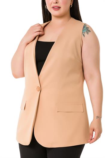 Plus Size Single Buttoned Camel Lined Vest with Ornamental Pocket Cover