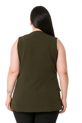 Plus Size Single Buttoned Coral Lined Vest with Ornamental Pocket Cover