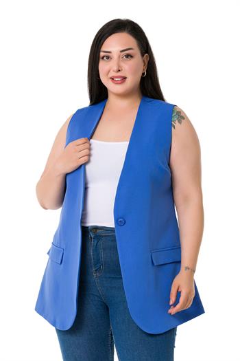 Plus Size Single Buttoned İndigo Lined Vest with Ornamental Pocket Cover