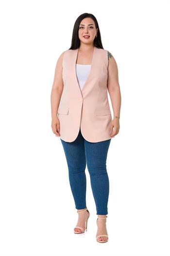Plus Size Single Buttoned Light Pink Lined Vest with Ornamental Pocket Cover