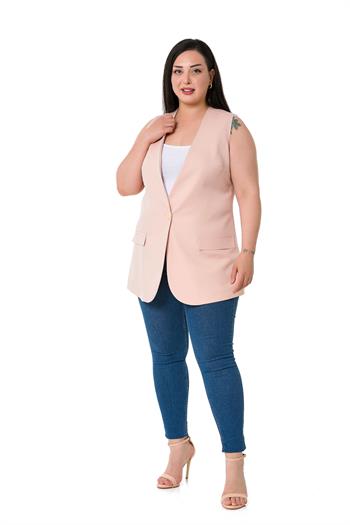 Plus Size Single Buttoned Light Pink Lined Vest with Ornamental Pocket Cover
