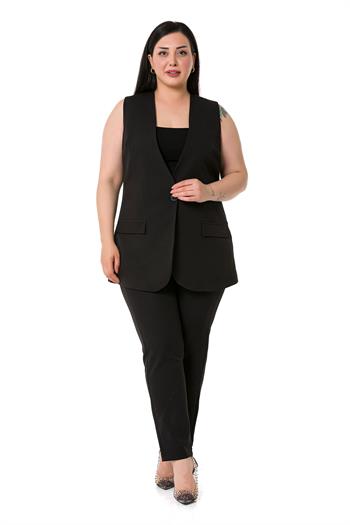 Plus Size Single Buttoned Black Lined Vest with Ornamental Pocket Cover