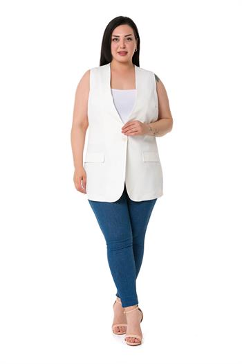 Plus Size Single Buttoned White Lined Vest with Ornamental Pocket Cover