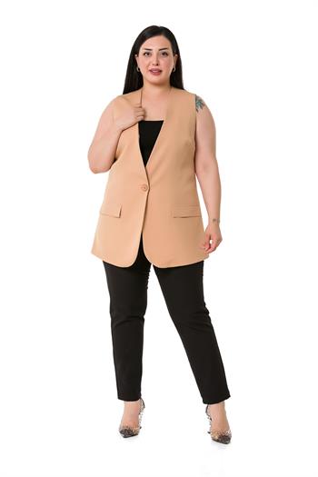 Plus Size Single Buttoned Camel Lined Vest with Ornamental Pocket Cover