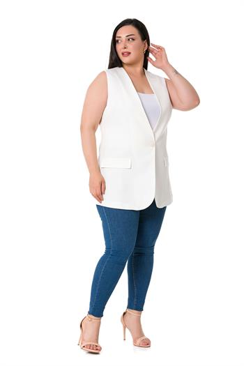 Plus Size Single Buttoned White Lined Vest with Ornamental Pocket Cover