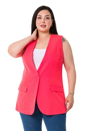 Plus Size Single Buttoned Coral Lined Vest with Ornamental Pocket Cover
