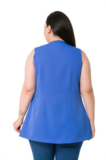 Plus Size Single Buttoned İndigo Lined Vest with Ornamental Pocket Cover