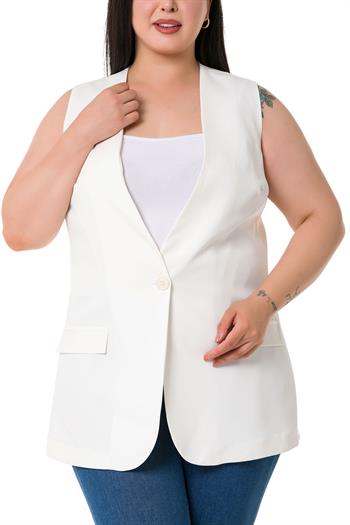 Plus Size Single Buttoned White Lined Vest with Ornamental Pocket Cover
