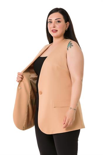 Plus Size Single Buttoned Camel Lined Vest with Ornamental Pocket Cover