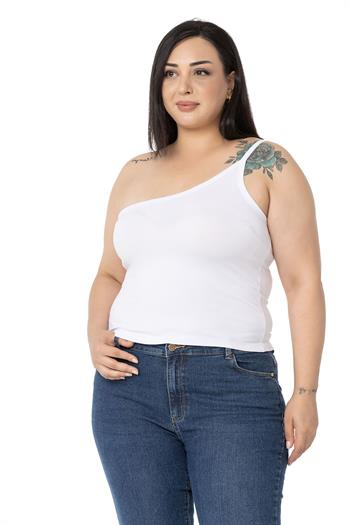 Büyük Beden Tek Omuz Dekolteli Viskon Beyaz Body