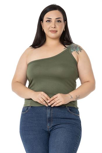 Büyük Beden Tek Omuz Dekolteli Viskon Haki Body