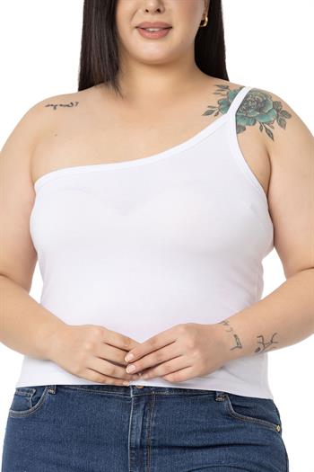 Büyük Beden Tek Omuz Dekolteli Viskon Beyaz Body