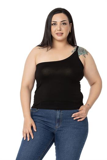 Büyük Beden Tek Omuz Dekolteli Viskon Siyah Body