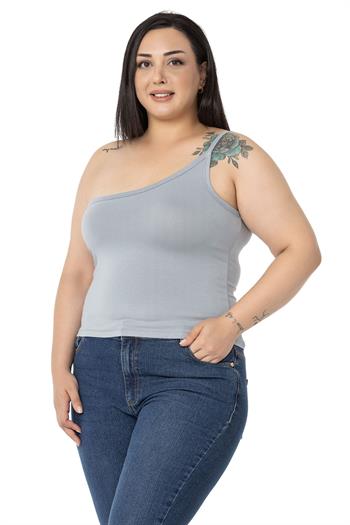 Büyük Beden Tek Omuz Dekolteli Viskon Gri Body