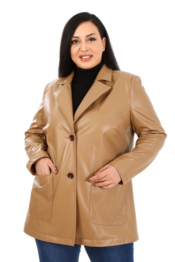 Büyük Beden Torba Cepli Düğmeli Astarlı Bej Suni Deri Ceket