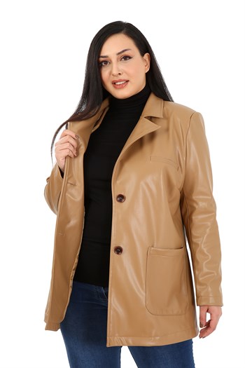 Büyük Beden Torba Cepli Düğmeli Astarlı Bej Suni Deri Ceket