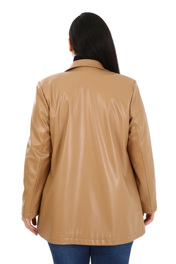 Büyük Beden Torba Cepli Düğmeli Astarlı Bej Suni Deri Ceket
