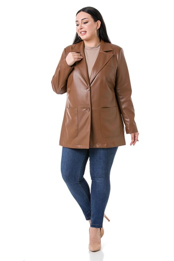 Büyük Beden Torba Cepli Düğmeli Astarlı Kahverengi Suni Deri Ceket