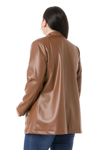 Büyük Beden Torba Cepli Düğmeli Astarlı Kahverengi Suni Deri Ceket
