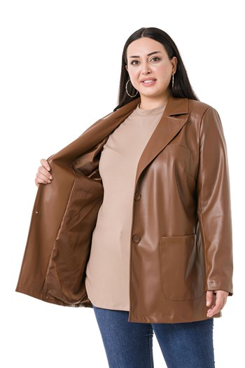 Büyük Beden Torba Cepli Düğmeli Astarlı Kahverengi Suni Deri Ceket