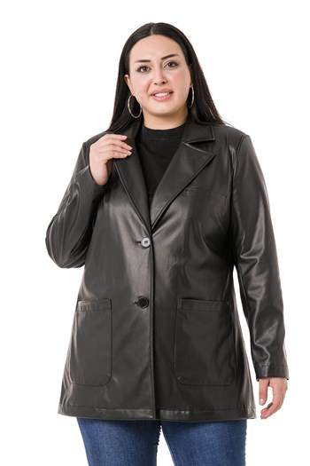 Büyük Beden Torba Cepli Düğmeli Astarlı Siyah Suni Deri Ceket