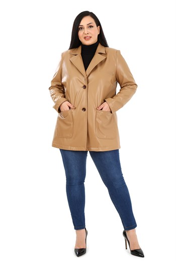 Büyük Beden Torba Cepli Düğmeli Astarlı Bej Suni Deri Ceket