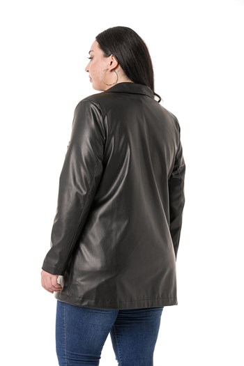 Büyük Beden Torba Cepli Düğmeli Astarlı Siyah Suni Deri Ceket