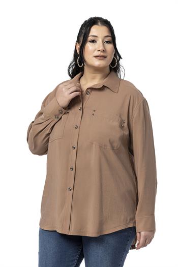 Büyük Beden Torba Cepli Rivetli Vizon Gömlek