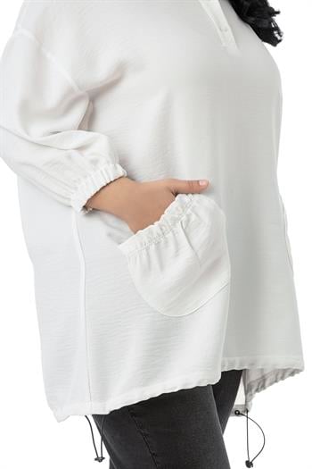 Büyük Beden Truvakar Kol Cep Detaylı Eteği Stoper Büzgülü Beyaz Bluz