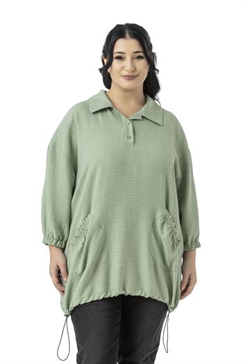Büyük Beden Truvakar Kol Cep Detaylı Eteği Stoper Büzgülü Çağla Yeşili Bluz