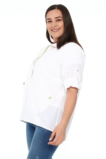 Büyük Beden Truvakar Kol Cepli Şerit Detaylı Hardal Çizgili Beyaz Gömlek