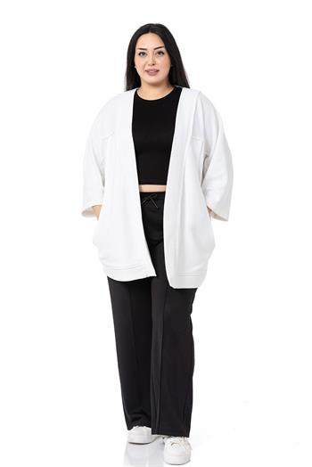 Büyük Beden Truvakar Kollu Oversize Cepli Üç İplik Beyaz Hırka